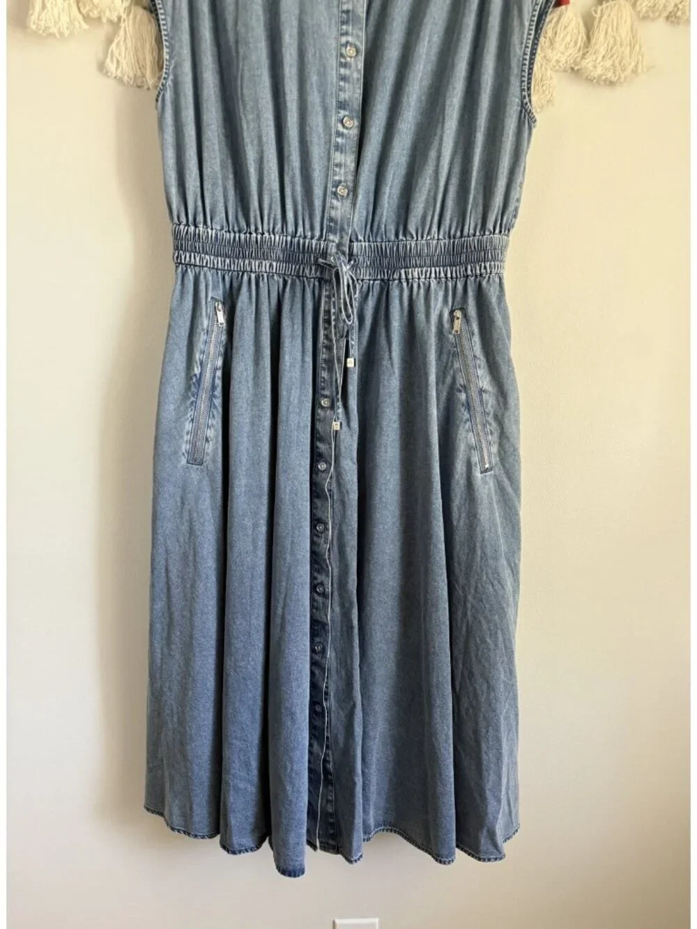 Michael Kors Denim Button Front Cap Sleeve Midi Shirt Dress Minimalist Modest XL